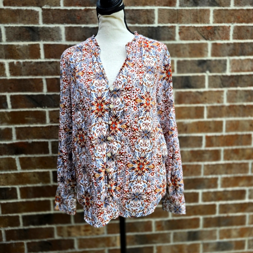 LOFT Women’s Floral Boho Blouse Size Medium Long Sleeve Lightweight Top